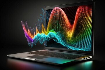 Laptop with colorful waveforms emanating from the screen. AI-generated.