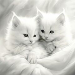 AI generated illustration of adorable white kittens in grayscale