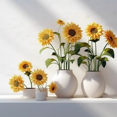 AI generated illustration of vases filled with yellow sunflowers against a white wall