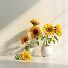 AI generated illustration of two bright yellow sunflowers in a white vase