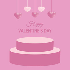  3D valentine day background pink cylinder podium with floating pastel balloon heart shape. Vector geometric platform. Abstract mockup product display. Minimal scene. Stage showcase. vector