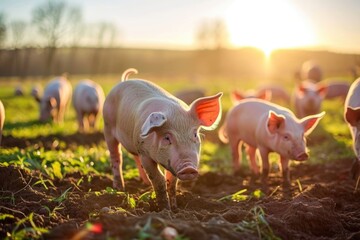 Pigs and piglets in muddy pasture at sunset.