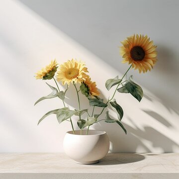 AI generated illustration of An image of vibrant sunflowers in a white ceramic vase