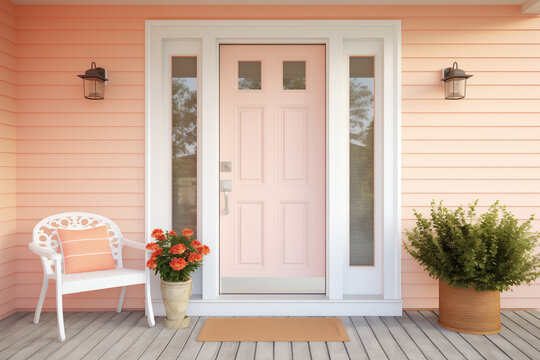 Pastel Peach Color Front Door With Sidelights © Nikki AI