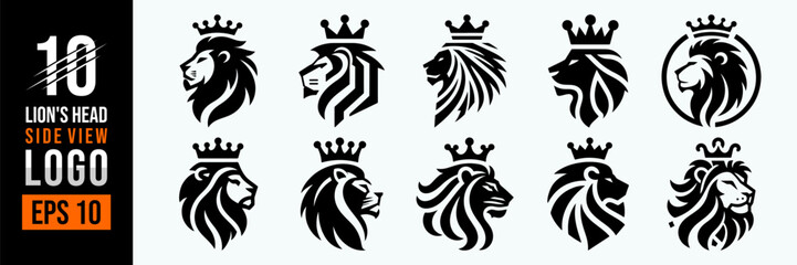 Lion Logo Set. Lion's Head Side View Logo With Crown Premium Design Collection. Vector Illustration Icon Template