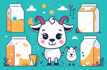 cute cartoon goat. There are cartons of milk nearby. advertising banner