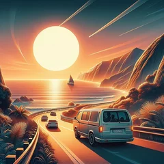 Rolgordijnen Sunset over the sea with a car on the road. Vibrant illustration © wolfcub777