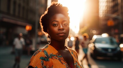 AI generated illustration of a beautiful black American woman in the street at sunset