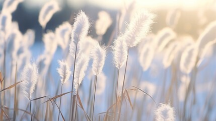 Beautiful fluffy stems at the meadow in winter season. Pampas grass on a smooth blurry and sun light in the morning bokeh background. - obrazy, fototapety, plakaty