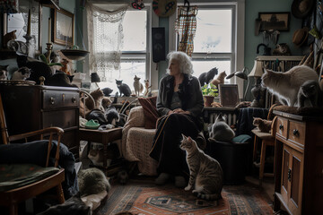 Elderly woman siting in the room full of cats