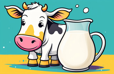 cute cartoon cow next to a jug of milk. advertising banner