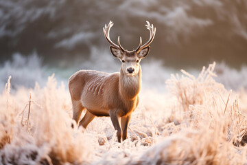 AI generated illustration of a majestic white-tailed deer in a snow-covered meadow
