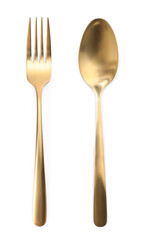 Golden fork and spoon isolated on white, top view