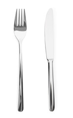Silver fork and knife isolated on white, top view