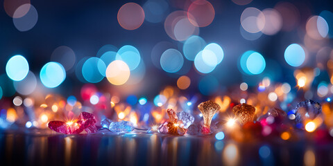 Abstract bokeh lights of various colors Gold, bokeh and glitter in a studio with dark background for celebration, event or party. Mockup.
