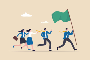Leader determination to lead team to success, motivation to win together, direction forward for future success, victory or triumph concept, businessman leader holding winner flag leading to success.