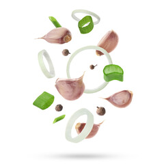 Different aromatic spices falling on white background