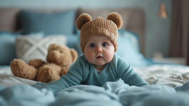 A toddler in bear dress looking at camera in bed with space, Generative AI.