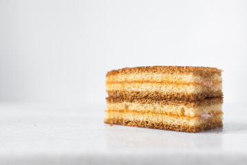 A slice of vanilla cake with jam filling, thin layers of vanilla and chocolate cake with jam filling on a white background