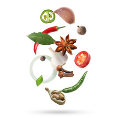 Different aromatic spices falling on white background