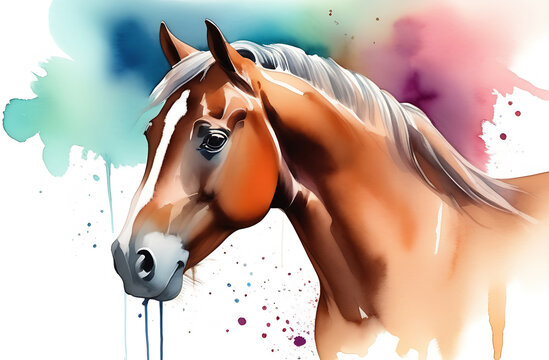 close-up portrait of a bay horse with a white blaze. watercolor style