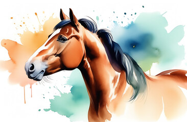 close-up portrait of a bay horse with a white blaze. watercolor style