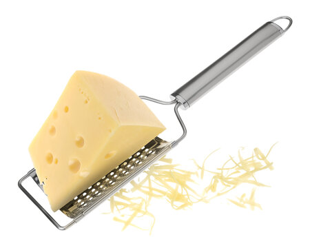Grating cheese with hand grater in air on white background