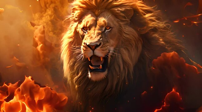 Big male lion with a huge mane on the background of fire