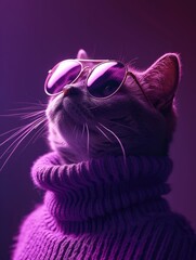 Naklejka premium Stylish Cat in Sunglasses and Sweater