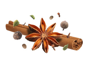 Different aromatic spices falling on white background