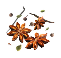 Different aromatic spices falling on white background