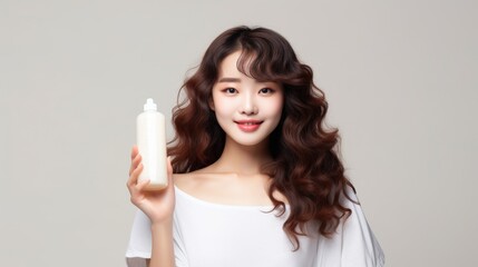 Woman Presenting Beauty Product. A radiant young woman with voluminous curls confidently presents a bottle of beauty product, her friendly smile suggesting satisfaction and trust in the brand