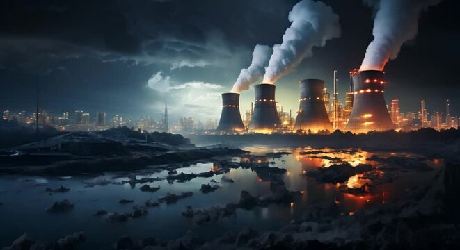 Power plant with smoking chimneys at night. Concept of environmental pollution