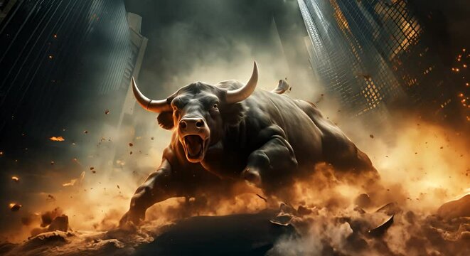 The collapse of the financial market. Big bull fighting in the ruins
