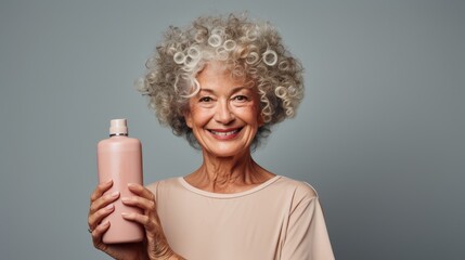 closeup of smiling senior model woman with curly hair holding bottle of shampoo or conditioner hair product. Mock up, advertising care and beauty hair product, promotion banner, space for text - obrazy, fototapety, plakaty