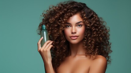 portrait of beautiful young model woman with curly hair holding bottle of shampoo or conditioner hair product. Mock up, advertising care and beauty hair product. Concept promotion cosmetic product