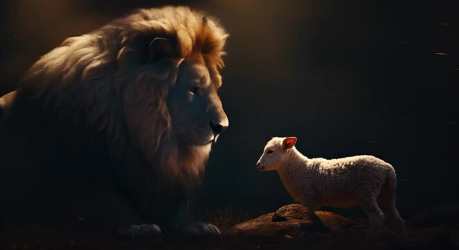 Lion and lamb on a dark background. Wildlife scene from Africa.