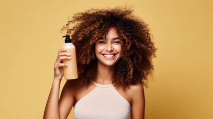 Fotobehang closeup of beautiful young model woman with curly hair holding bottle of shampoo or conditioner hair product. Mock up, advertising for care and beauty hair product. Concept promotion cosmetic product © Rodica