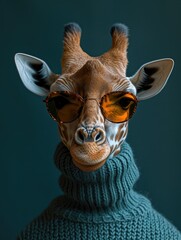 Obraz premium Giraffe Wearing Sunglasses and Sweater