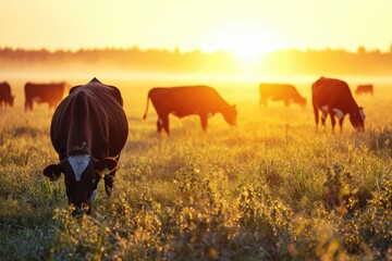 Cows grazing in dewy meadow with sunrise and fog.