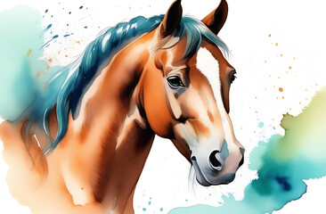 close-up portrait of a bay horse with a white blaze. watercolor style