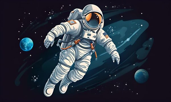 Astronaut in a space suit is flying in space next to planets and stars