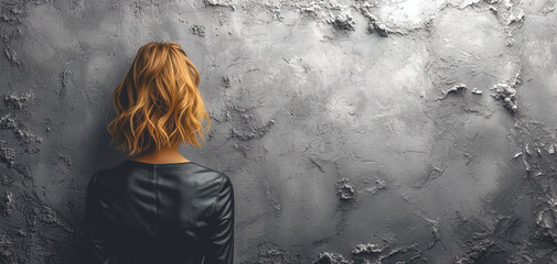 Young woman in front of a textured gray wall, view from the back.