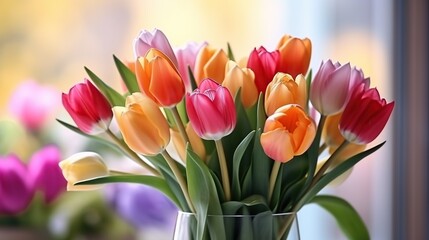 Beautiful bouquet of colorful tulip flowers at the interior with soft light bokeh background. - obrazy, fototapety, plakaty