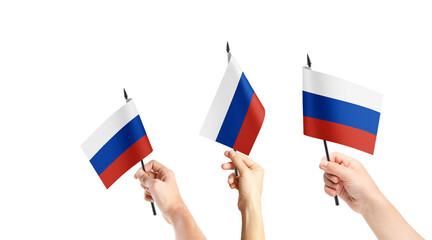 A group of people are holding small flags of Russia in their hands.