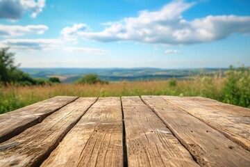 Empty wooden table top with farmland and blue sky background.