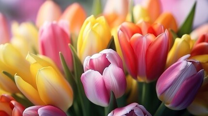 Beautiful bouquet of colorful tulip flowers at the interior with soft light bokeh background.
