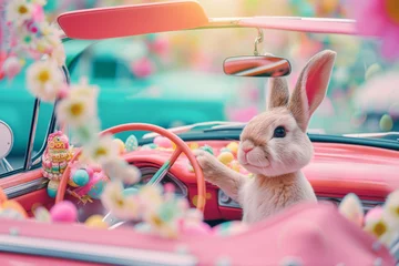 Foto op Plexiglas Cute bunny driving pink car full of Easter eggs, funny rabbit character, Easter cartoon Illustration © zamuruev