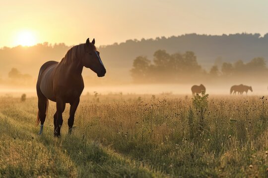 Sunrise field with thoroughbred horses.