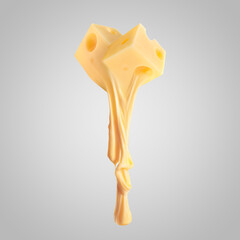 Tasty cheese stretching in air on grey background